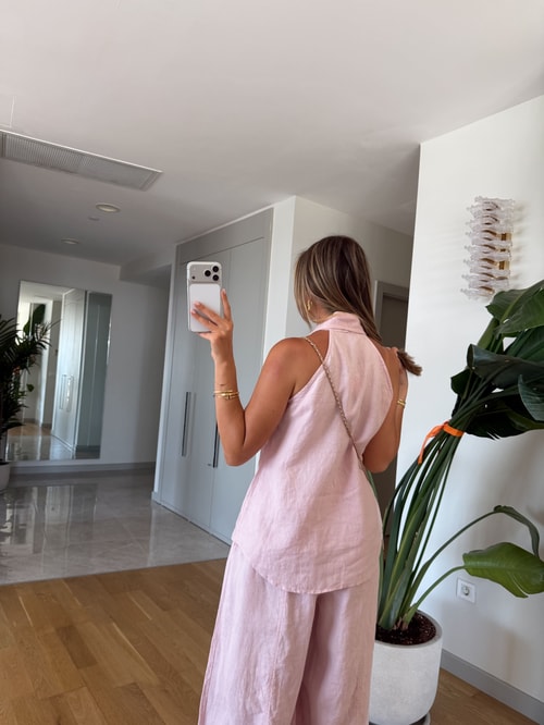 %100 Keten Yelek Pantolon Takım - Pembe 