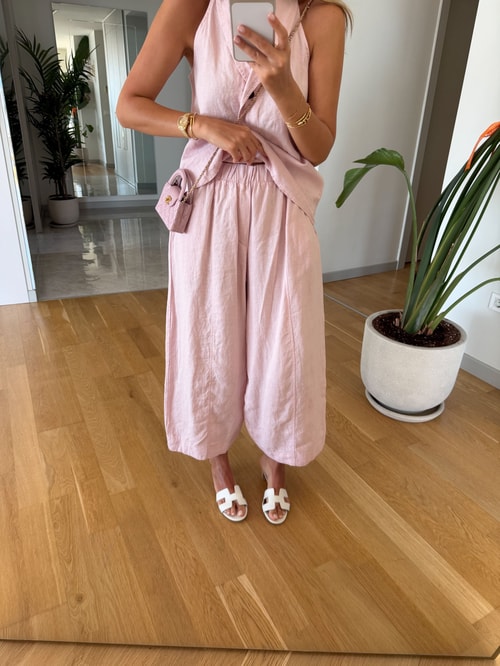 %100 Keten Yelek Pantolon Takım - Pembe 