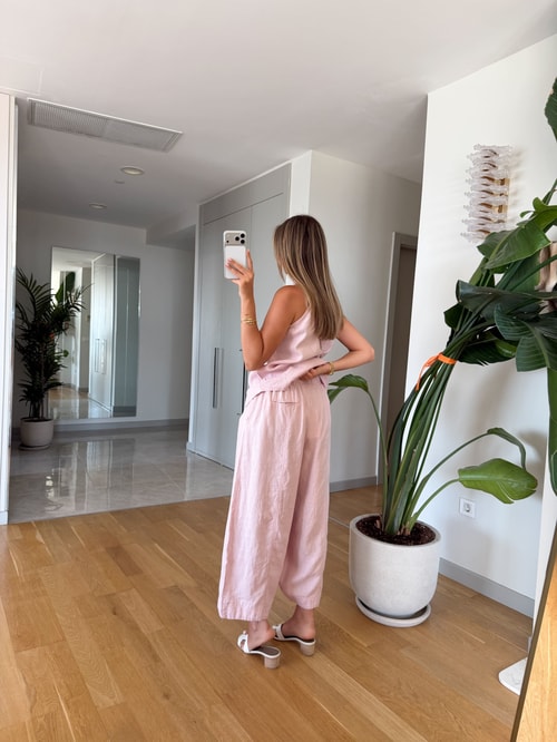%100 Keten Yelek Pantolon Takım - Pembe 