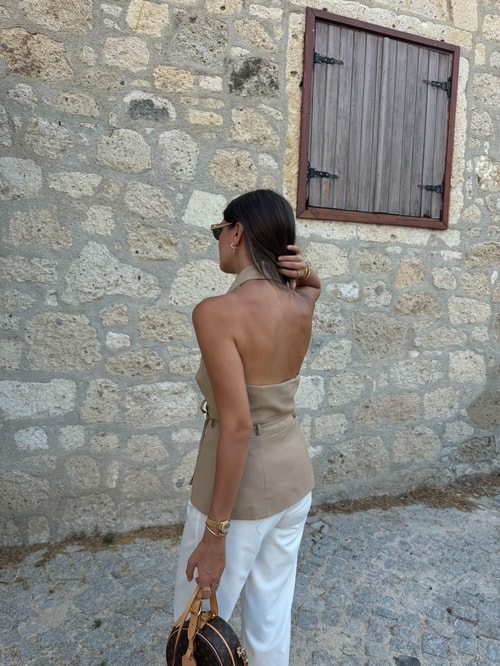 Alessa Halter Yaka Çıt Çıtlı İpli Bluz-Camel