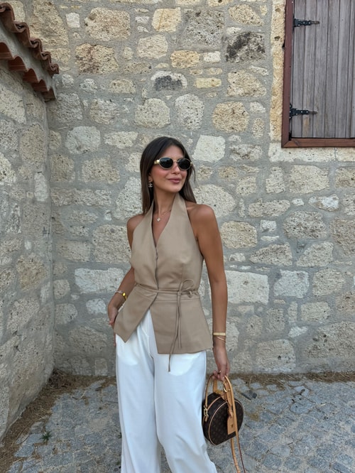 Alessa Halter Yaka Çıt Çıtlı İpli Bluz-Camel