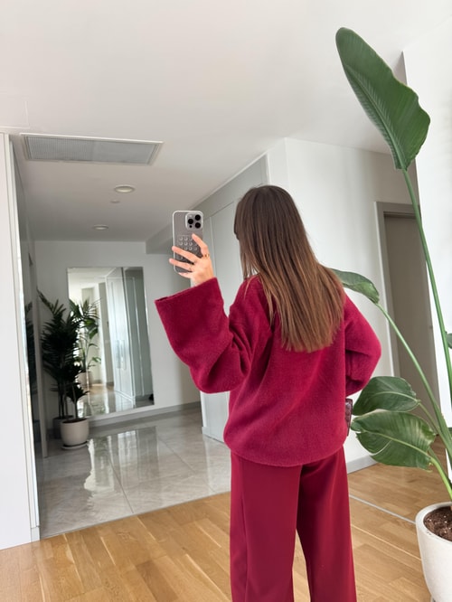 Alwina Premium Tüylü Kazak-Bordo 