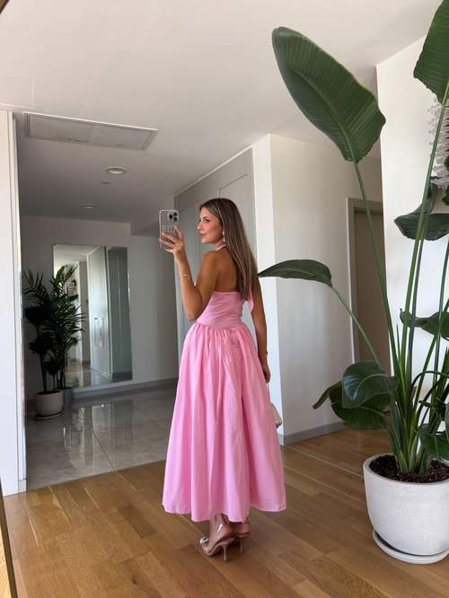 Amore Boyundan Bağlamalı Volanlı Midi Elbise - Pembe
