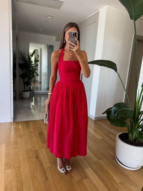 Amore Boyundan Bağlamalı Volanlı Midi Elbise -Kırmızı 