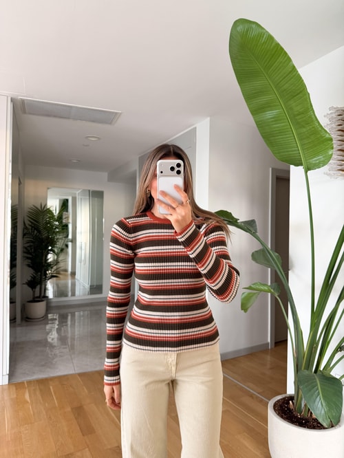 Andre Çizgili Triko -Haki Turuncu