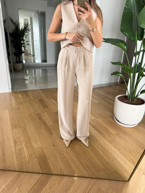 Angela Premium Yelek Pantolon Takım-Bej