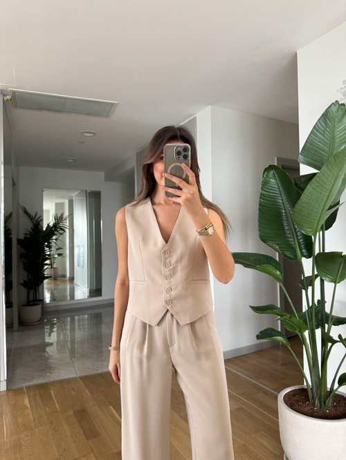 Angela Premium Yelek Pantolon Takım-Bej