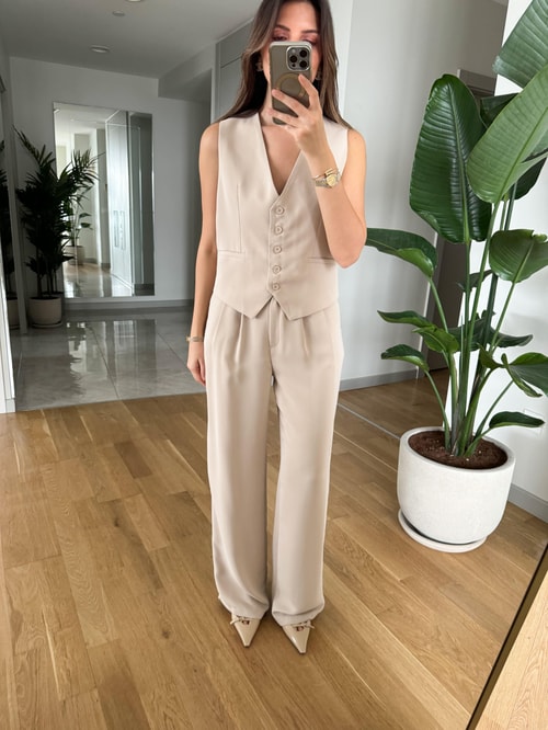 Angela Premium Yelek Pantolon Takım-Bej