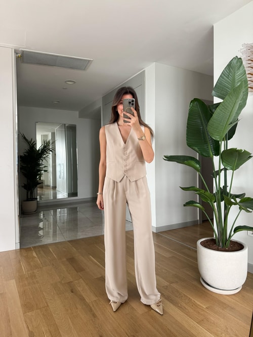 Angela Premium Yelek Pantolon Takım-Bej