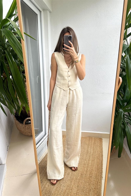 Anny Beli Lastikli Bol Kesim Keten Pantolon-Ekru