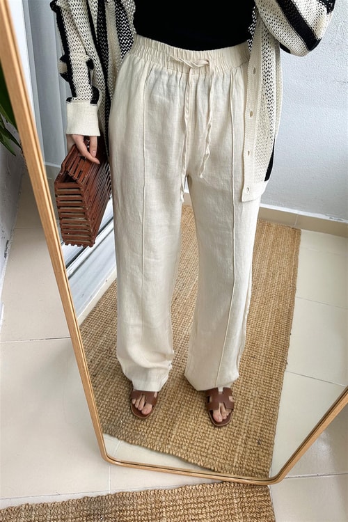Anny Beli Lastikli Bol Kesim Keten Pantolon-Ekru