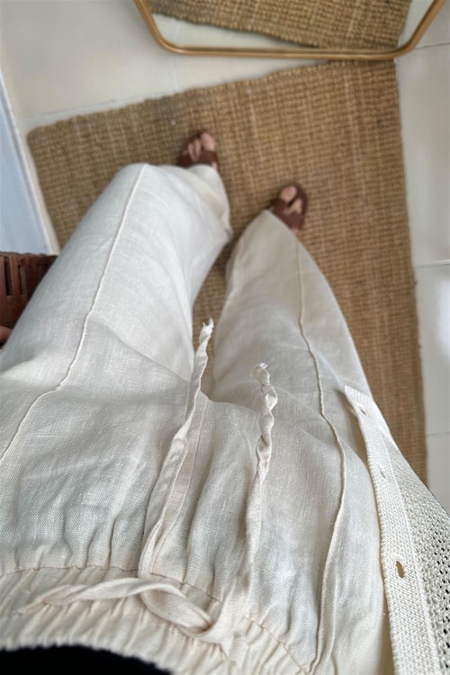 Anny Beli Lastikli Bol Kesim Keten Pantolon-Ekru