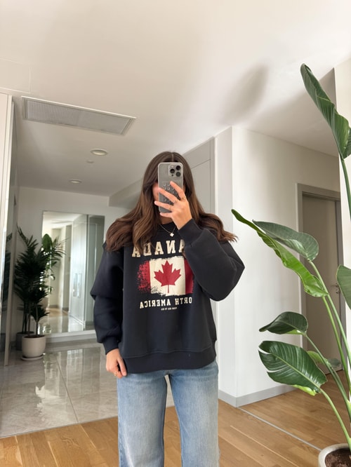 Antrasit Canada Baskılı Sweatshirt