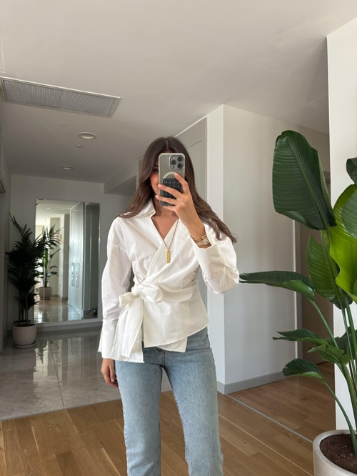 Anvelop Bağlamalı Poplin Gömlek-Beyaz