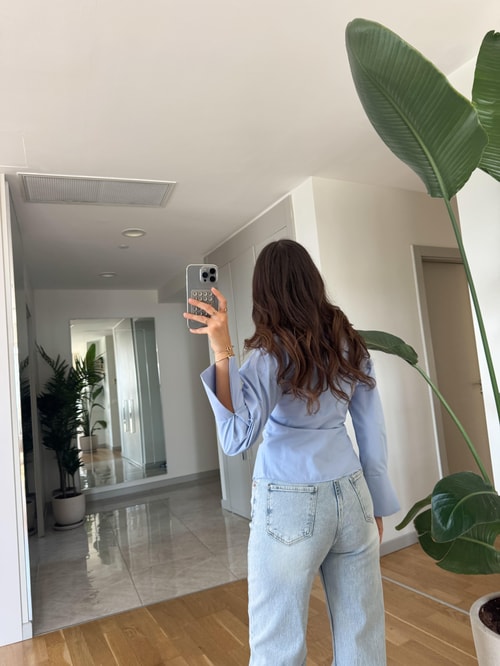 Anvelop Bağlamalı Poplin Gömlek - Mavi