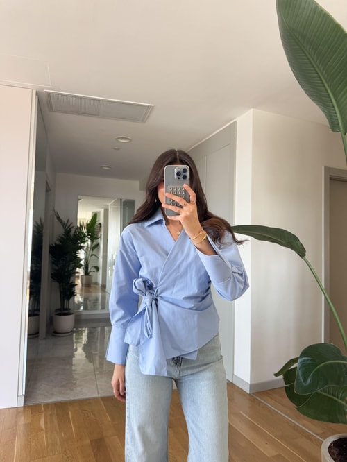 Anvelop Bağlamalı Poplin Gömlek - Mavi