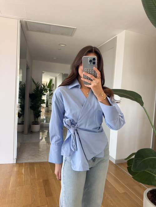 Anvelop Bağlamalı Poplin Gömlek - Mavi