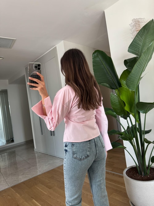 Anvelop Bağlamalı Poplin Gömlek-Pembe