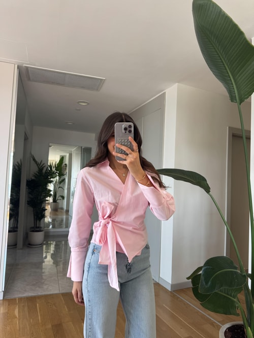 Anvelop Bağlamalı Poplin Gömlek - Pembe