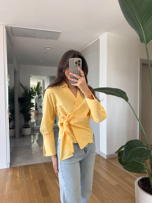 Anvelop Bağlamalı Poplin Gömlek - Sarı