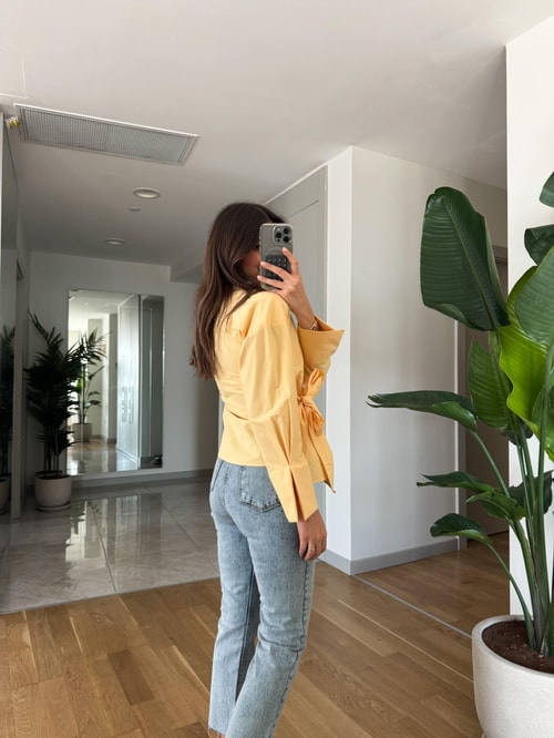 Anvelop Bağlamalı Poplin Gömlek-Sarı