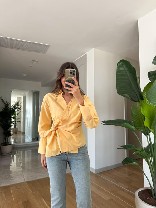 Anvelop Bağlamalı Poplin Gömlek-Sarı