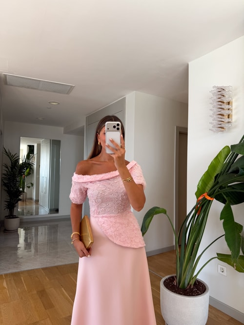 Aplikeli Kombinasyonlu Elbise - Pembe