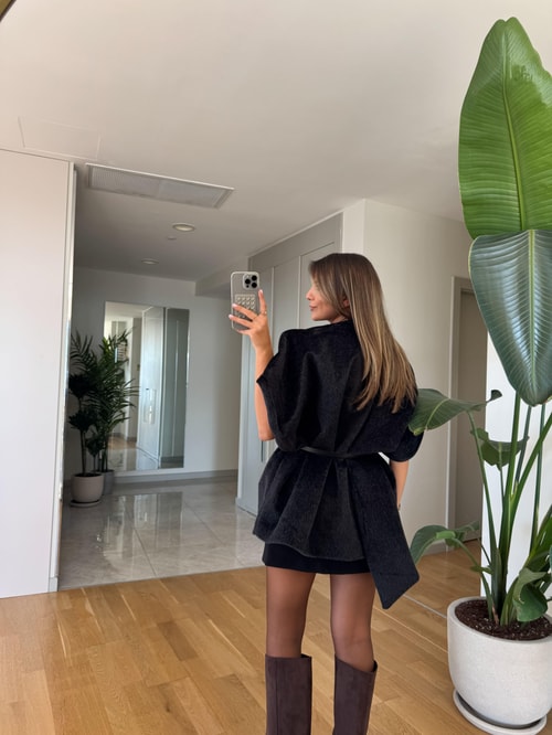 Apoletli Kemerli Kürk Panço - Siyah