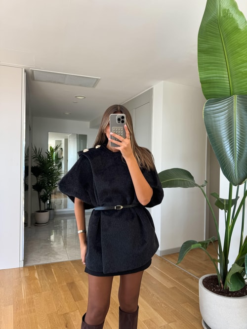 Apoletli Kemerli Kürk Panço - Siyah