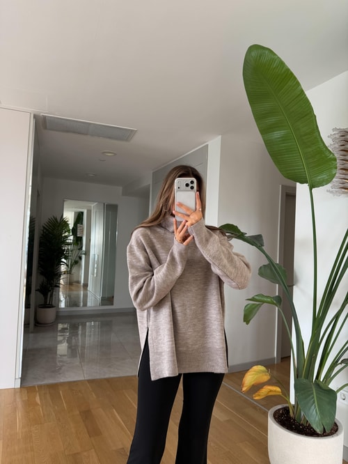 Aria Boğazlı Kazak - Koyu Bej 