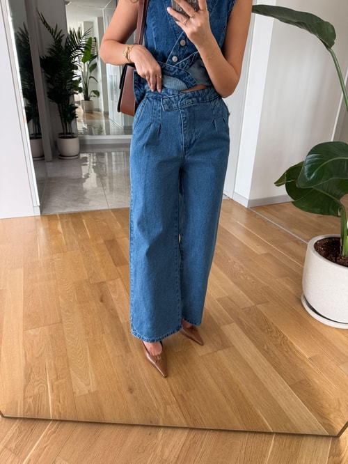 Asimetrik Düğme Yelekli Denim Takım