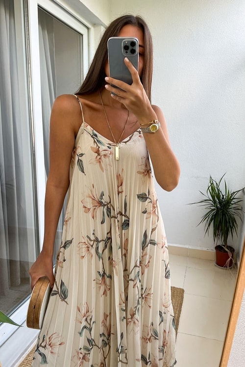 Askılı Çiçekli Piliseli Şifon Elbise