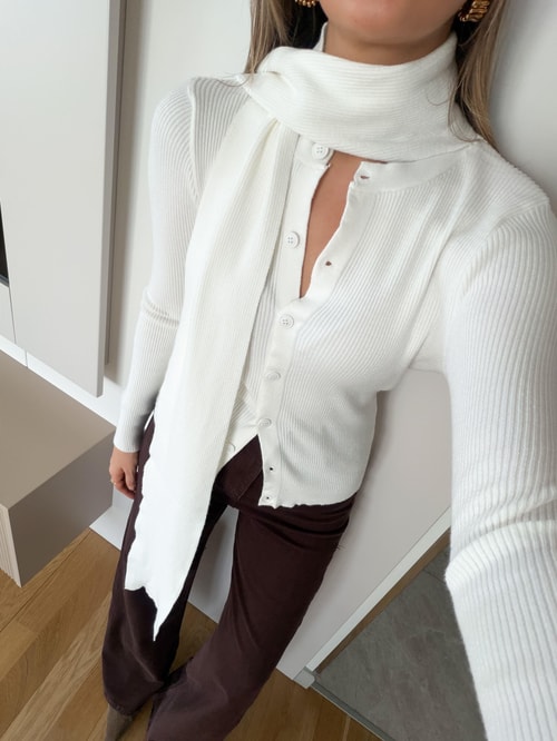 Atkılı Düğmeli Triko Hırka - Ekru