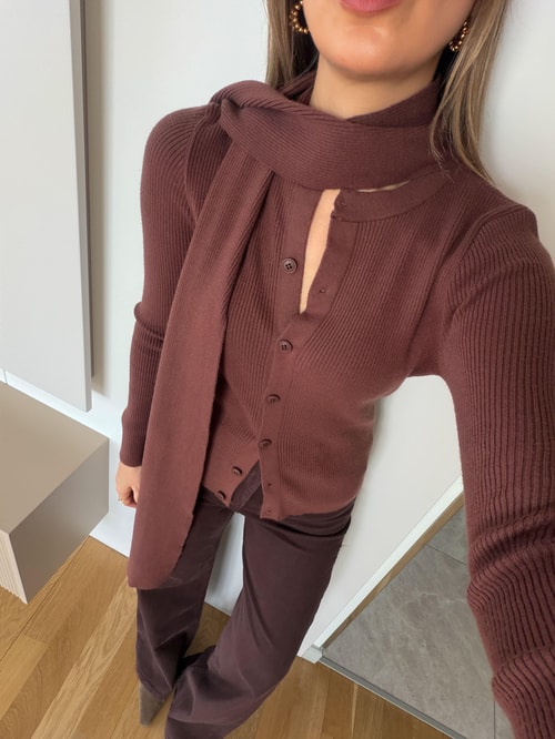 Atkılı Düğmeli Triko Hırka - Kahve