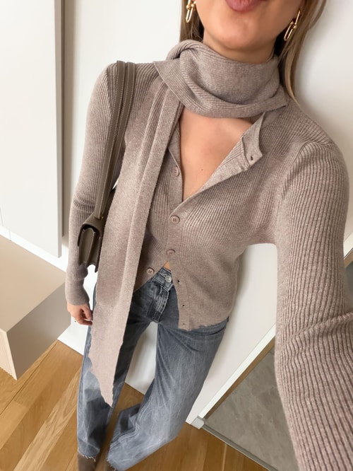 Atkılı Düğmeli Triko Hırka - Vizon 