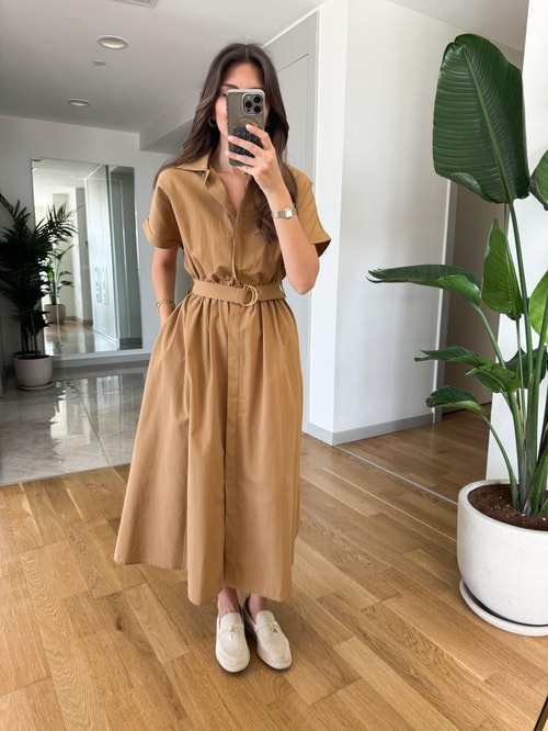 Ayarlanabilir Kemerli Midi Elbise Camel