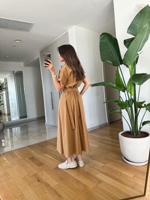 Ayarlanabilir Kemerli Midi Elbise Camel