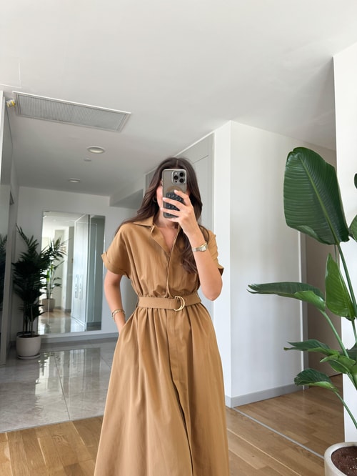 Ayarlanabilir Kemerli Midi Elbise Camel