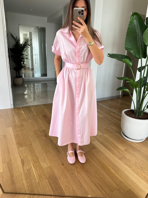 Ayarlanabilir Kemerli Midi Elbise-Pembe