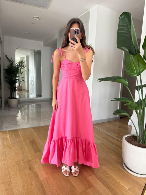 Bağcık Askılı Göğüs Kuplu Elbise-Pembe