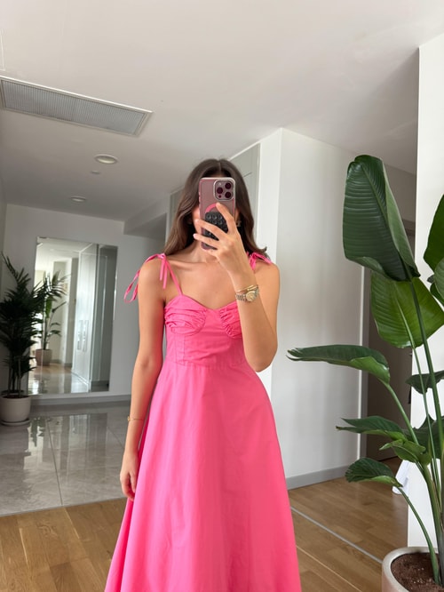Bağcık Askılı Göğüs Kuplu Elbise-Pembe