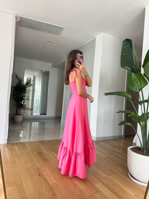 Bağcık Askılı Göğüs Kuplu Elbise-Pembe