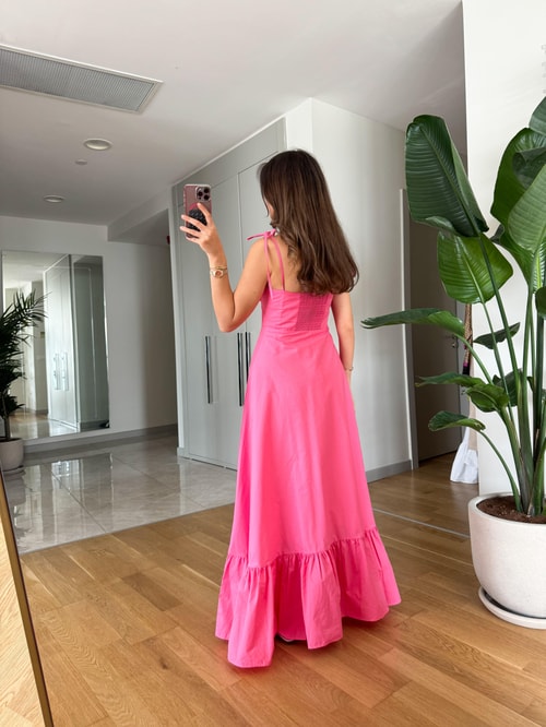 Bağcık Askılı Göğüs Kuplu Elbise-Pembe