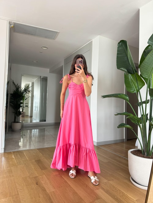 Bağcık Askılı Göğüs Kuplu Elbise-Pembe
