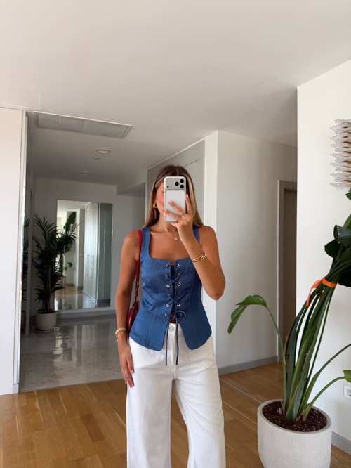 Bağcık Detaylı Korse Bluz - Mavi