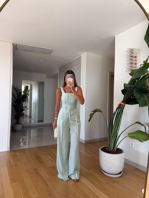 Bağcıklı Korse Bluz Pantolon Takım - Mint