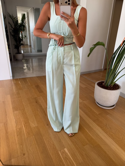 Bağcıklı Korse Bluz Pantolon Takım - Mint