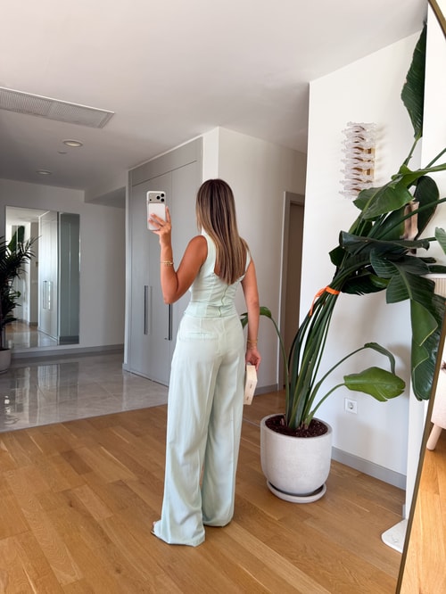 Bağcıklı Korse Bluz Pantolon Takım - Mint