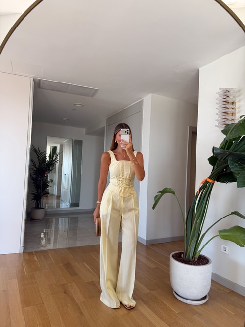 Bağcıklı Korse Bluz Pantolon Takım - Sarı