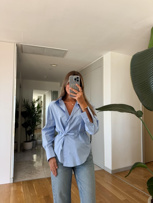 Bağlama Detaylı Poplin Gömlek - Mavi